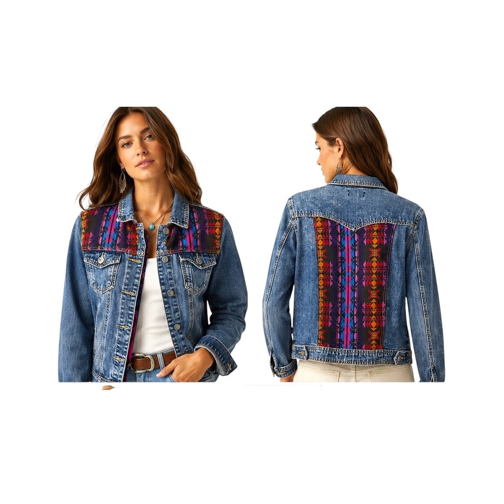 Chi ale  Denim Architect Womens Southwestern Woven Panel Denim  Jacket Blue SZ M